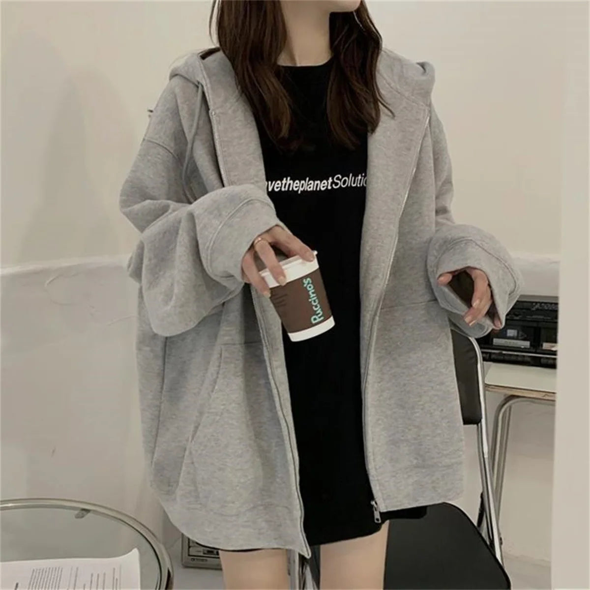 Women Loose Hooded Sweatshirt Jacket 2025 Spring Fall Solid Zipper Long Sleeve Coat Oversize Vintage Korean Hoodies Casual Wear