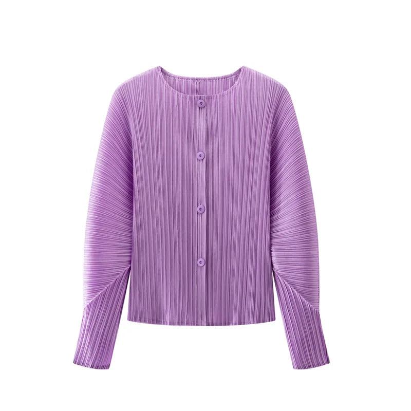 Miyake Pleated Solid Color Round Neck Cardigan Short Jacket for Women Long Sleeve Spring 2025 New Fashionable Age-reducing Top