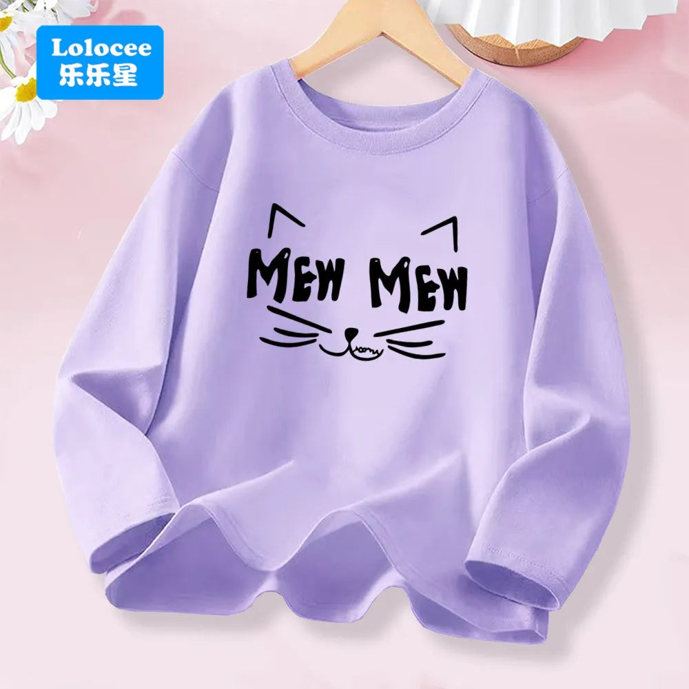 Kawaii Black Kitty Graphic T-shirt for Girls Spring Autumn Long Sleeve Cotton Tops Children Fashion Daily Wear