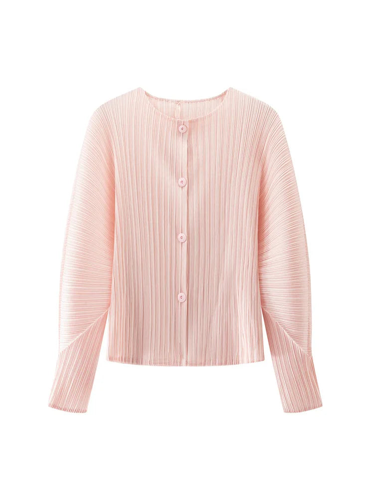 Miyake Pleated Solid Color Round Neck Cardigan Short Jacket for Women Long Sleeve Spring 2025 New Fashionable Age-reducing Top