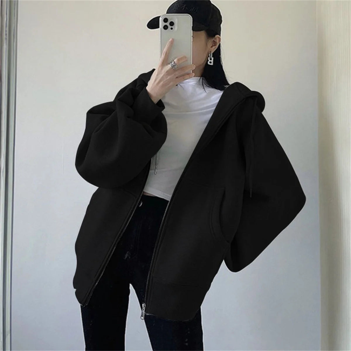Women Loose Hooded Sweatshirt Jacket 2025 Spring Fall Solid Zipper Long Sleeve Coat Oversize Vintage Korean Hoodies Casual Wear