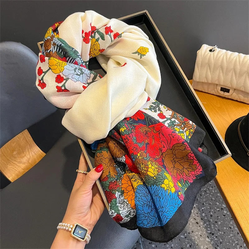 New Spring Women Cotton Scarf Beach Hijab Shawls and Wraps 2024 Luxury Brand Flower Female Foulard Echarpe Designer Bandana