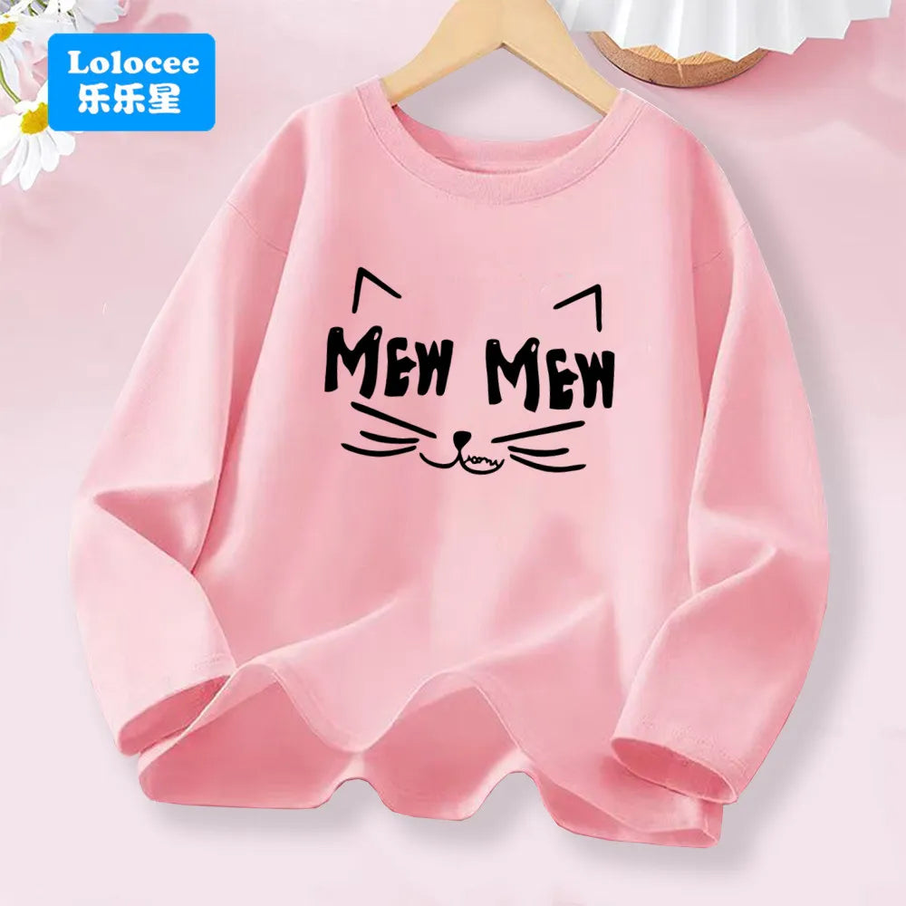 Kawaii Black Kitty Graphic T-shirt for Girls Spring Autumn Long Sleeve Cotton Tops Children Fashion Daily Wear