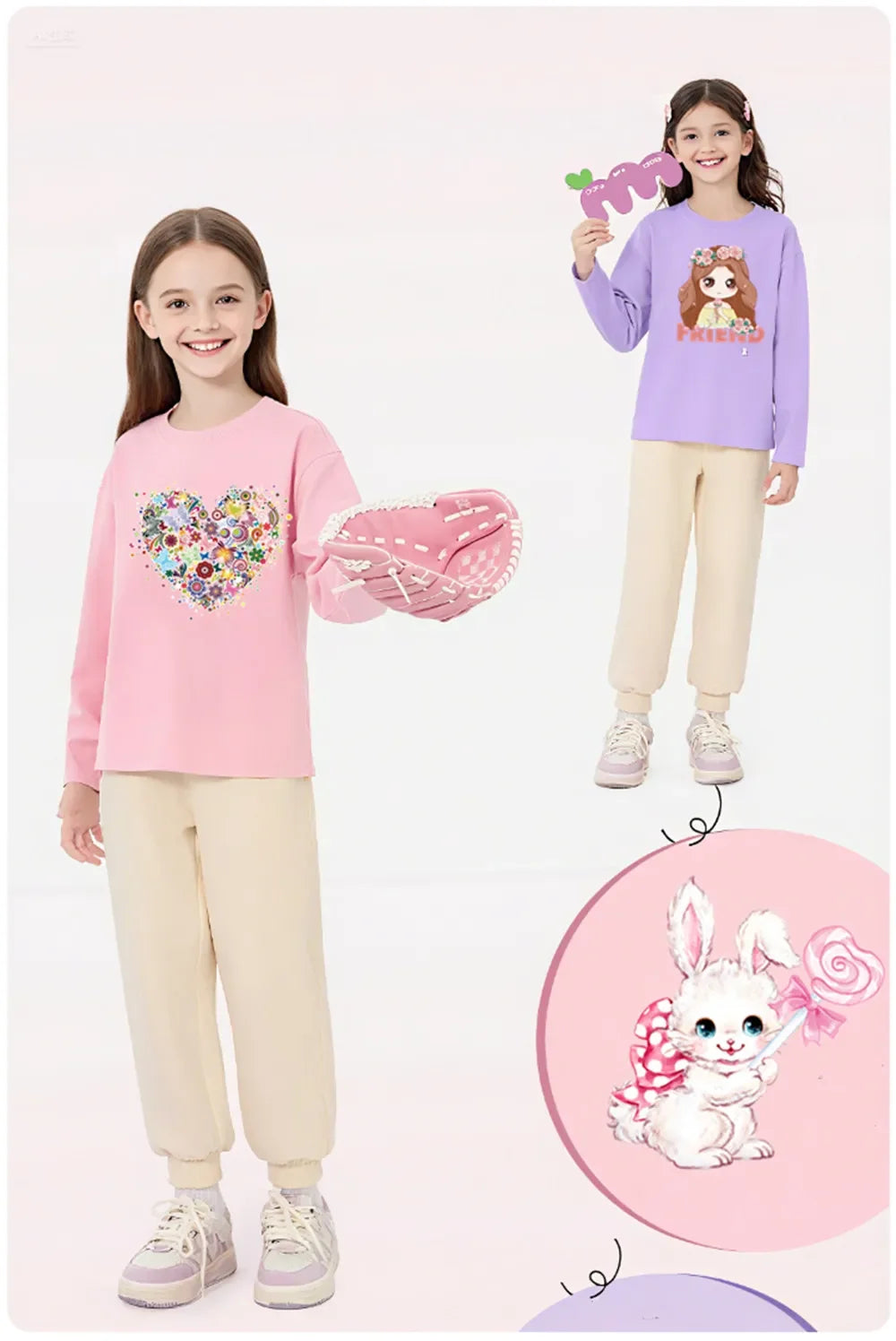 Kawaii Black Kitty Graphic T-shirt for Girls Spring Autumn Long Sleeve Cotton Tops Children Fashion Daily Wear