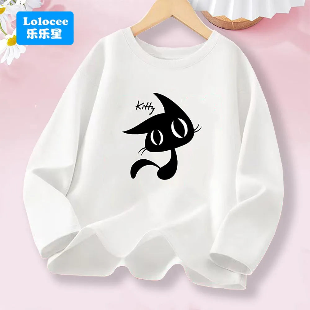 Kawaii Black Kitty Graphic T-shirt for Girls Spring Autumn Long Sleeve Cotton Tops Children Fashion Daily Wear