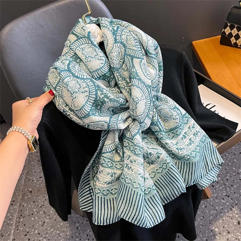 New Spring Women Cotton Scarf Beach Hijab Shawls and Wraps 2024 Luxury Brand Flower Female Foulard Echarpe Designer Bandana