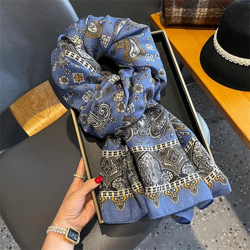 New Spring Women Cotton Scarf Beach Hijab Shawls and Wraps 2024 Luxury Brand Flower Female Foulard Echarpe Designer Bandana