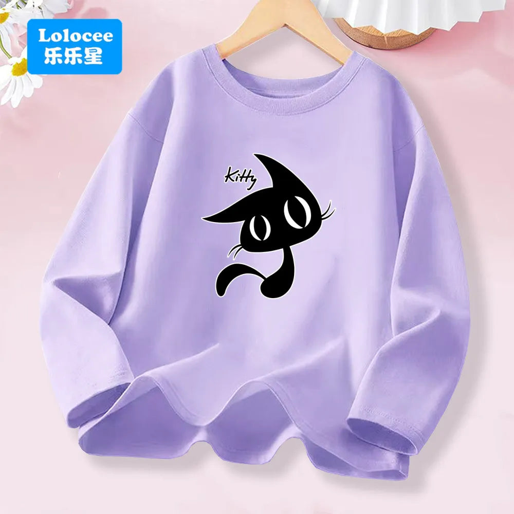 Kawaii Black Kitty Graphic T-shirt for Girls Spring Autumn Long Sleeve Cotton Tops Children Fashion Daily Wear