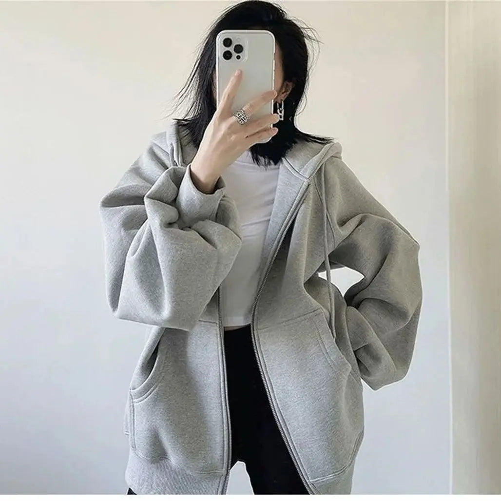 Women Loose Hooded Sweatshirt Jacket 2025 Spring Fall Solid Zipper Long Sleeve Coat Oversize Vintage Korean Hoodies Casual Wear