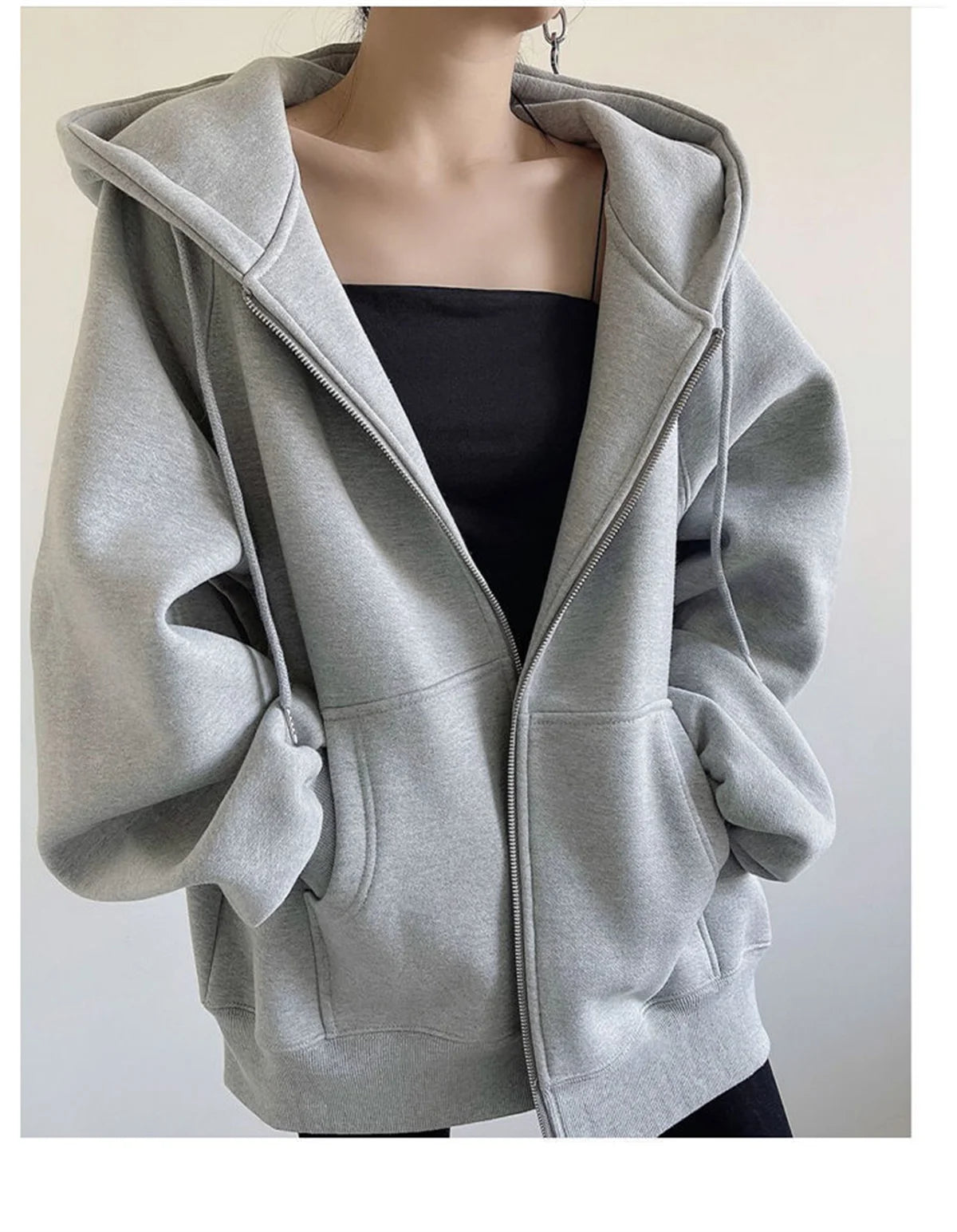 Women Loose Hooded Sweatshirt Jacket 2025 Spring Fall Solid Zipper Long Sleeve Coat Oversize Vintage Korean Hoodies Casual Wear