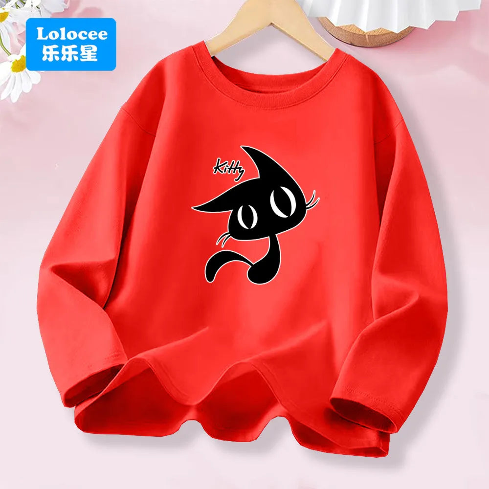 Kawaii Black Kitty Graphic T-shirt for Girls Spring Autumn Long Sleeve Cotton Tops Children Fashion Daily Wear