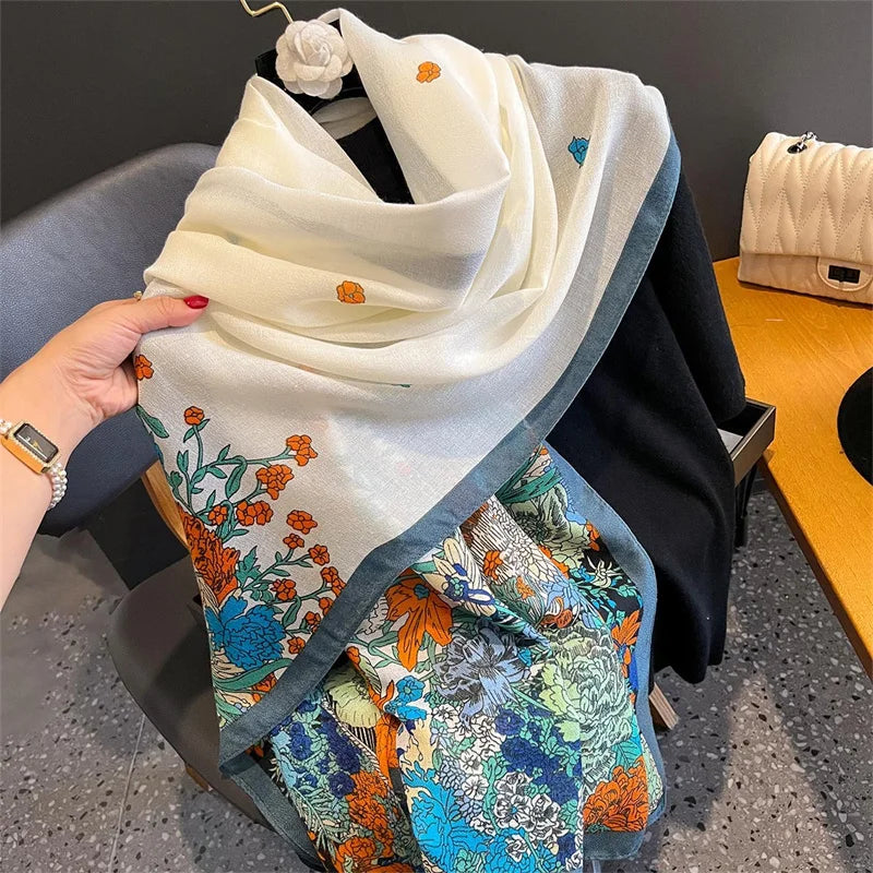 New Spring Women Cotton Scarf Beach Hijab Shawls and Wraps 2024 Luxury Brand Flower Female Foulard Echarpe Designer Bandana