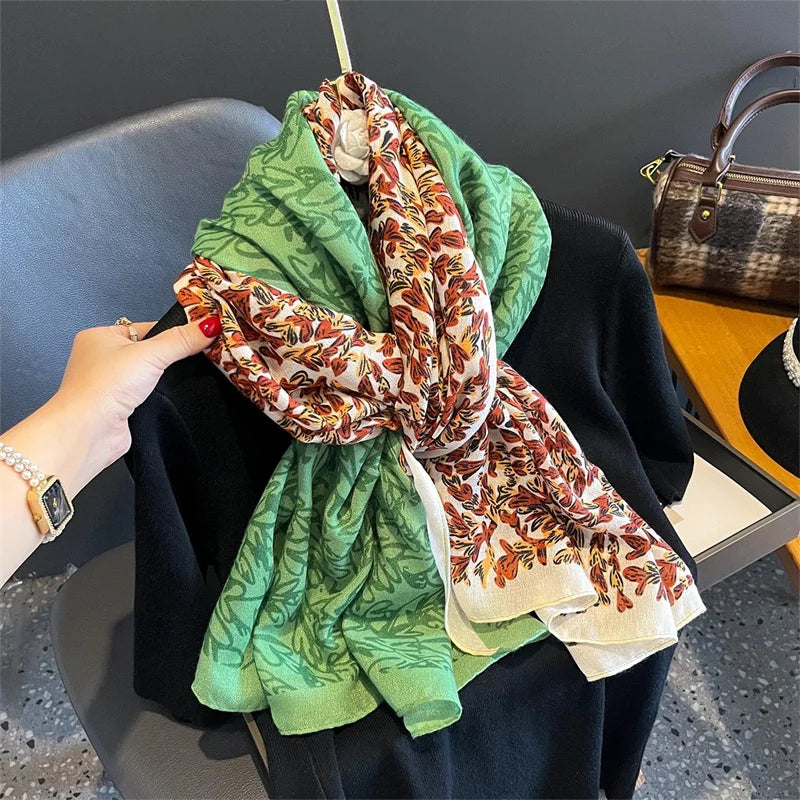 New Spring Women Cotton Scarf Beach Hijab Shawls and Wraps 2024 Luxury Brand Flower Female Foulard Echarpe Designer Bandana