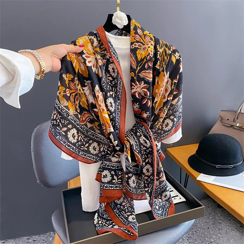 New Spring Women Cotton Scarf Beach Hijab Shawls and Wraps 2024 Luxury Brand Flower Female Foulard Echarpe Designer Bandana