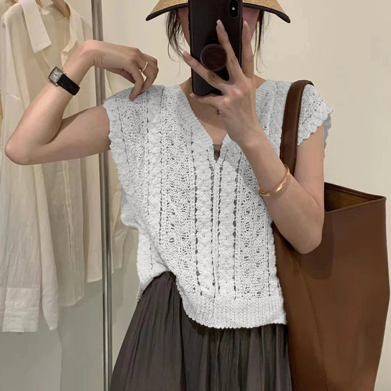 Summer Crochet Top Women Sheer Openwork V-neck Sleeveless Knit Tank Blouse Beach Boho Vacation Outfit