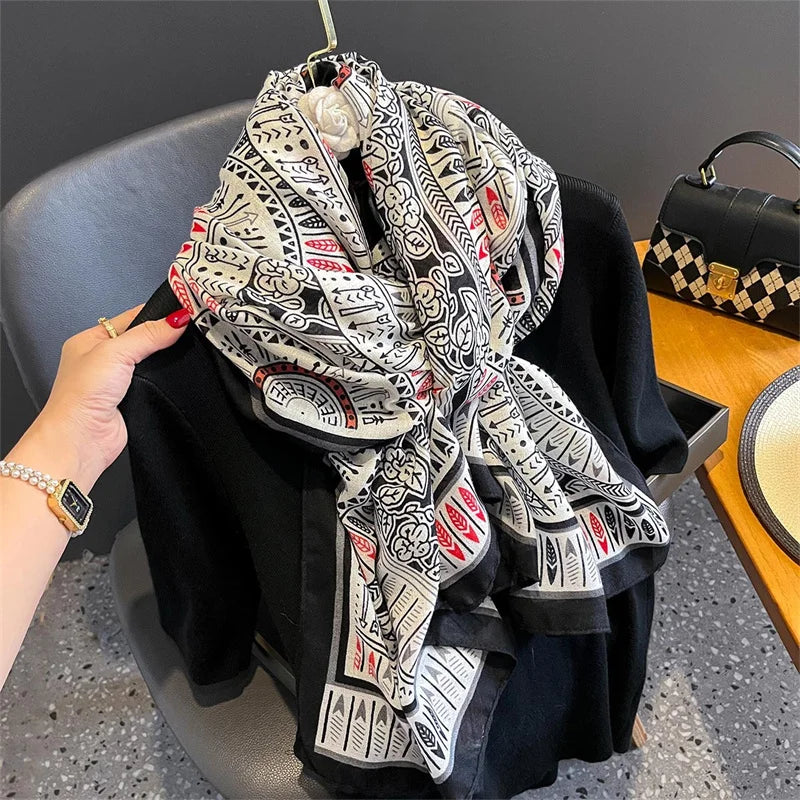 New Spring Women Cotton Scarf Beach Hijab Shawls and Wraps 2024 Luxury Brand Flower Female Foulard Echarpe Designer Bandana
