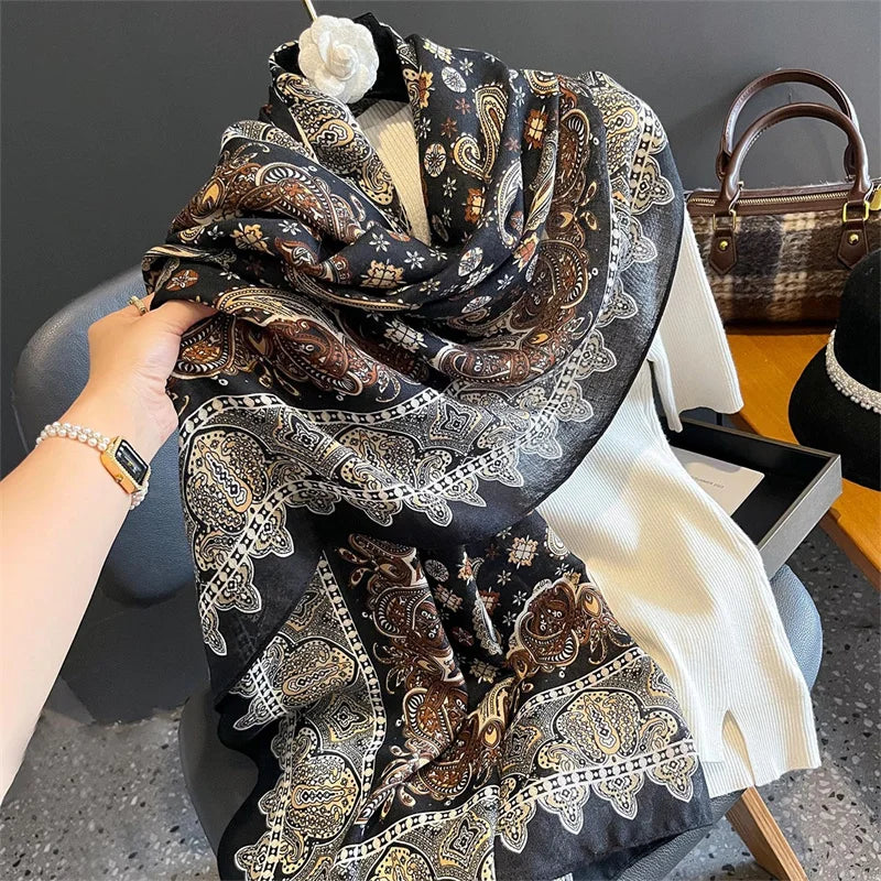 New Spring Women Cotton Scarf Beach Hijab Shawls and Wraps 2024 Luxury Brand Flower Female Foulard Echarpe Designer Bandana