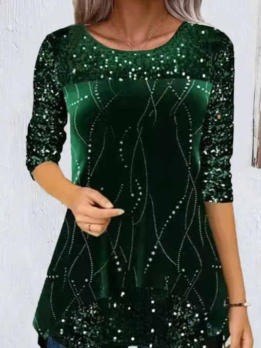 Christmas Fashion Glitter Print Contrast Sequins O Neck Design Long Sleeve Blouse Spring Femme Casual Shirts Office for Women