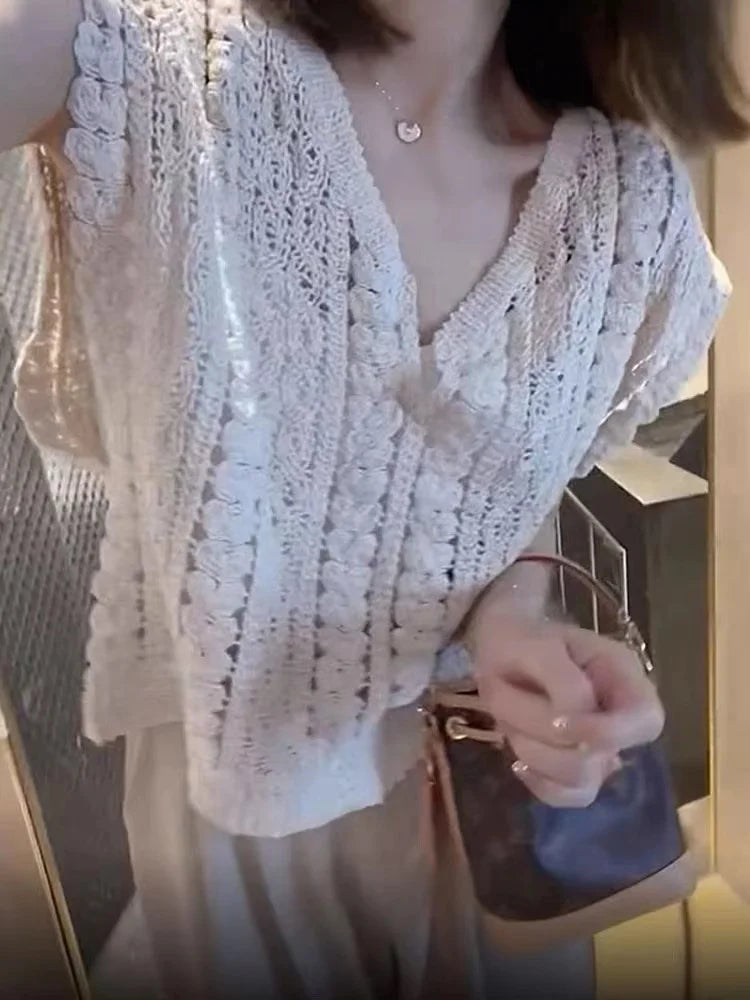 Summer Crochet Top Women Sheer Openwork V-neck Sleeveless Knit Tank Blouse Beach Boho Vacation Outfit