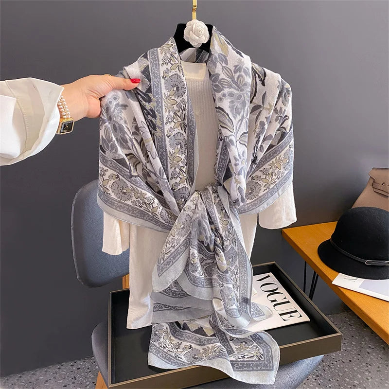 New Spring Women Cotton Scarf Beach Hijab Shawls and Wraps 2024 Luxury Brand Flower Female Foulard Echarpe Designer Bandana