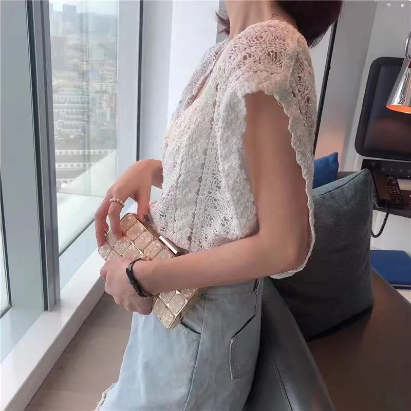 Summer Crochet Top Women Sheer Openwork V-neck Sleeveless Knit Tank Blouse Beach Boho Vacation Outfit