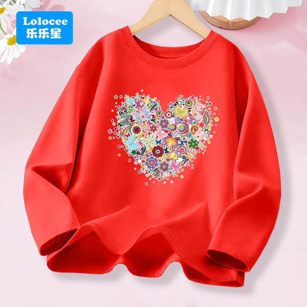 Kawaii Black Kitty Graphic T-shirt for Girls Spring Autumn Long Sleeve Cotton Tops Children Fashion Daily Wear