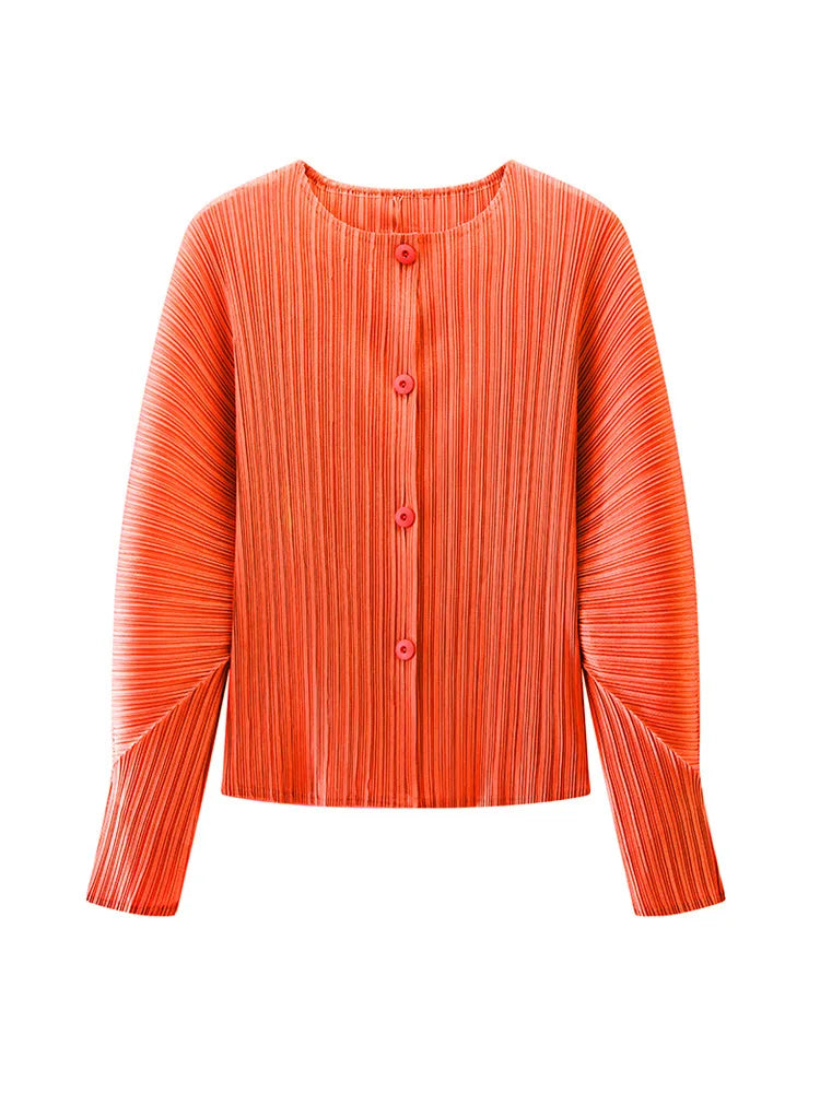 Miyake Pleated Solid Color Round Neck Cardigan Short Jacket for Women Long Sleeve Spring 2025 New Fashionable Age-reducing Top