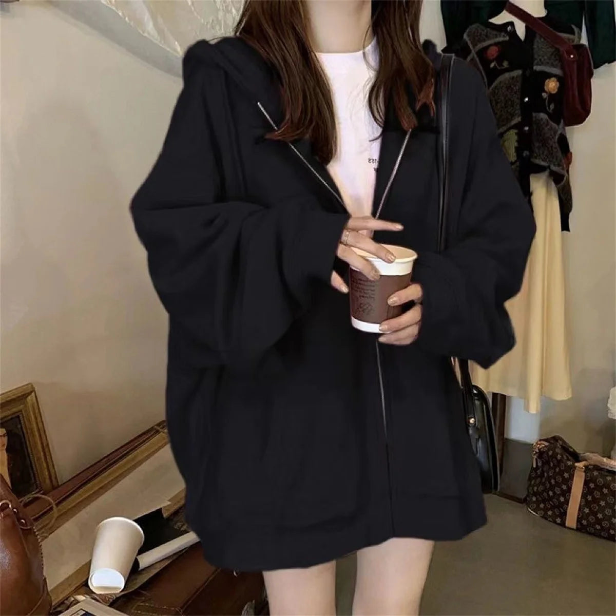 Women Loose Hooded Sweatshirt Jacket 2025 Spring Fall Solid Zipper Long Sleeve Coat Oversize Vintage Korean Hoodies Casual Wear