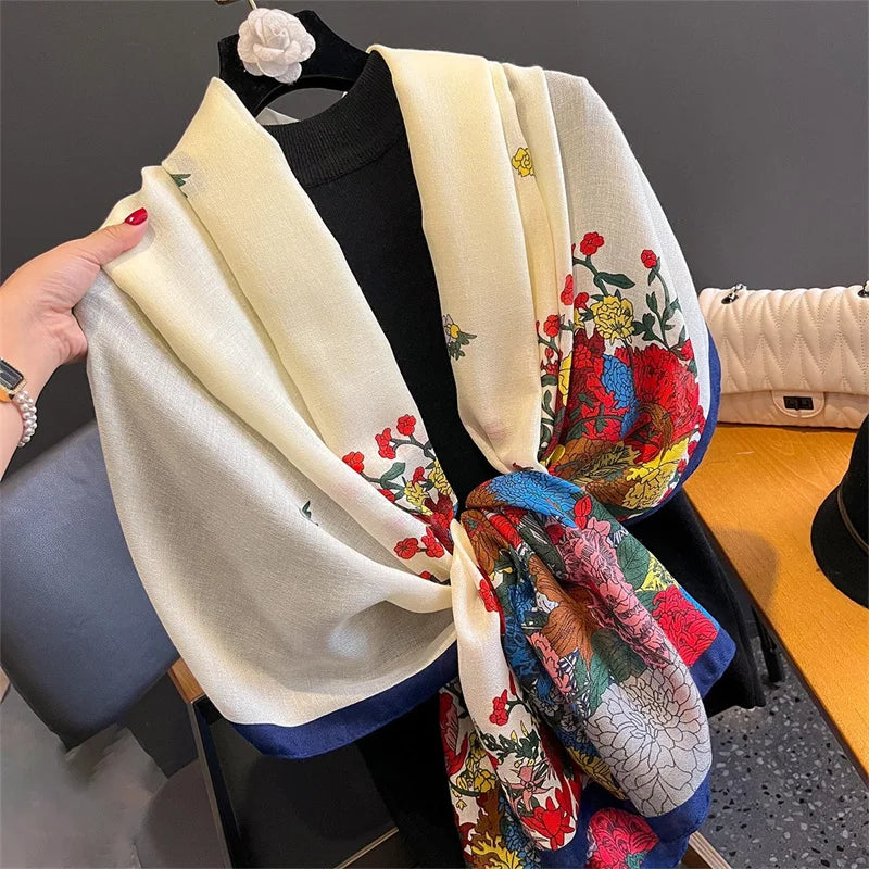 New Spring Women Cotton Scarf Beach Hijab Shawls and Wraps 2024 Luxury Brand Flower Female Foulard Echarpe Designer Bandana