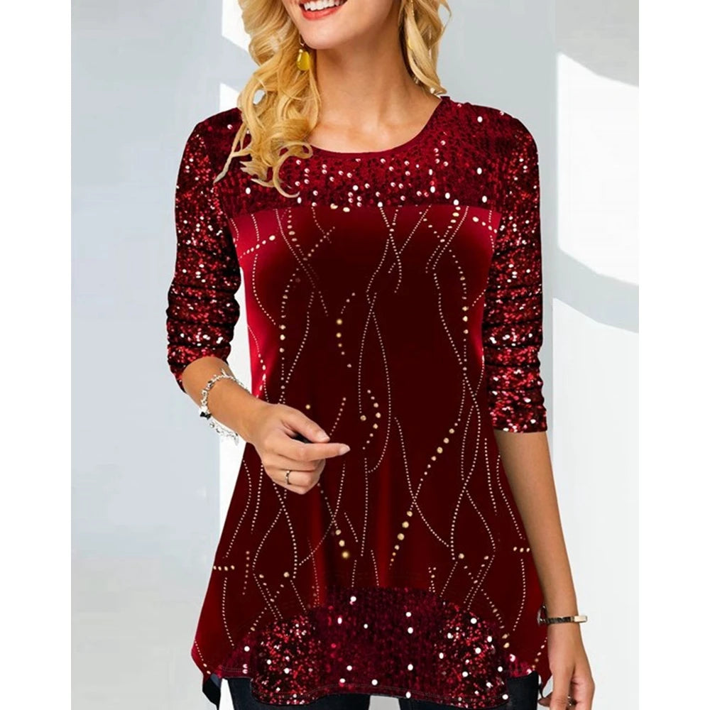 Christmas Fashion Glitter Print Contrast Sequins O Neck Design Long Sleeve Blouse Spring Femme Casual Shirts Office for Women
