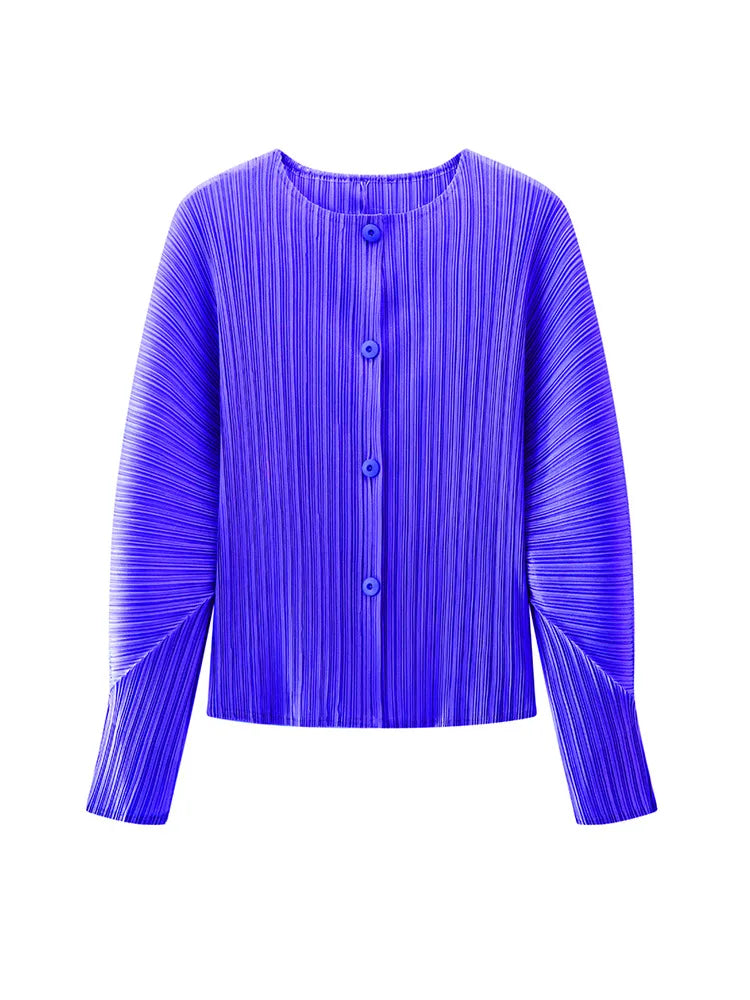 Miyake Pleated Solid Color Round Neck Cardigan Short Jacket for Women Long Sleeve Spring 2025 New Fashionable Age-reducing Top