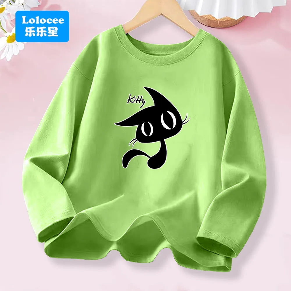 Kawaii Black Kitty Graphic T-shirt for Girls Spring Autumn Long Sleeve Cotton Tops Children Fashion Daily Wear