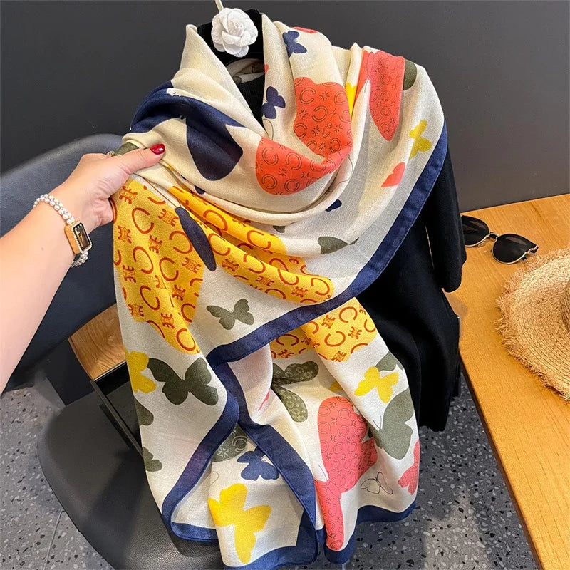 New Spring Women Cotton Scarf Beach Hijab Shawls and Wraps 2024 Luxury Brand Flower Female Foulard Echarpe Designer Bandana