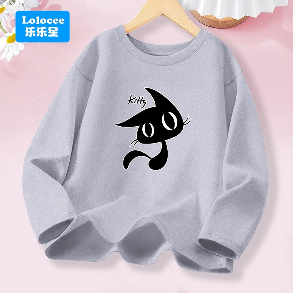 Kawaii Black Kitty Graphic T-shirt for Girls Spring Autumn Long Sleeve Cotton Tops Children Fashion Daily Wear
