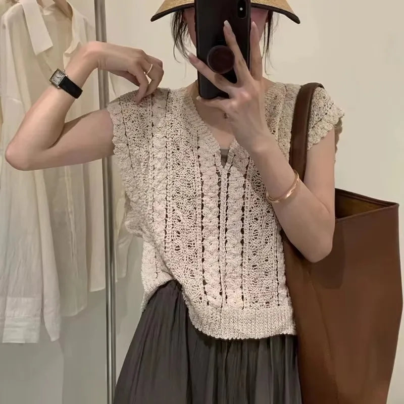 Summer Crochet Top Women Sheer Openwork V-neck Sleeveless Knit Tank Blouse Beach Boho Vacation Outfit