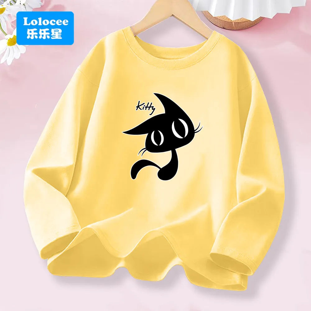 Kawaii Black Kitty Graphic T-shirt for Girls Spring Autumn Long Sleeve Cotton Tops Children Fashion Daily Wear
