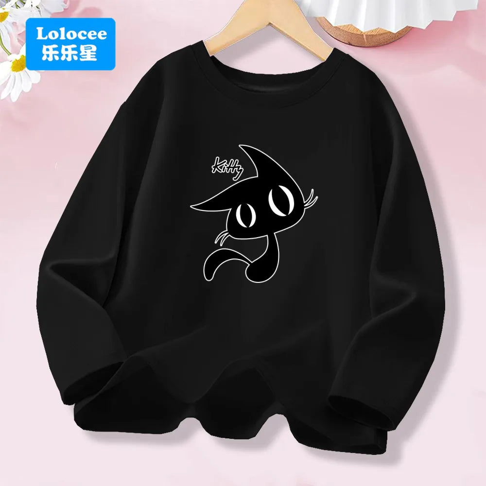 Kawaii Black Kitty Graphic T-shirt for Girls Spring Autumn Long Sleeve Cotton Tops Children Fashion Daily Wear