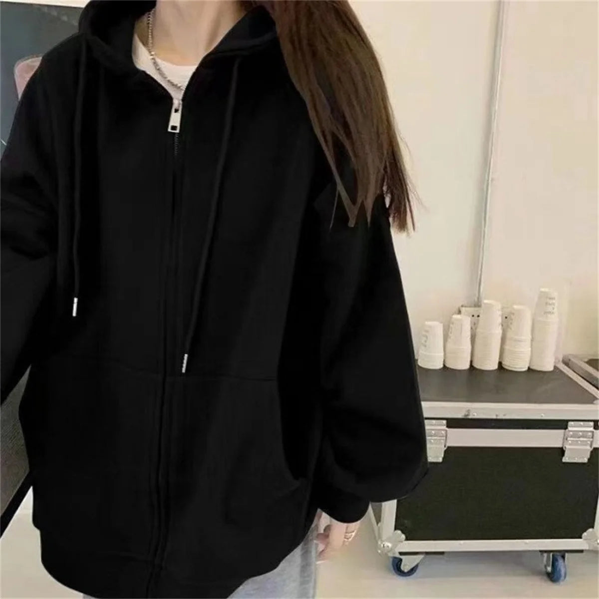 Women Loose Hooded Sweatshirt Jacket 2025 Spring Fall Solid Zipper Long Sleeve Coat Oversize Vintage Korean Hoodies Casual Wear