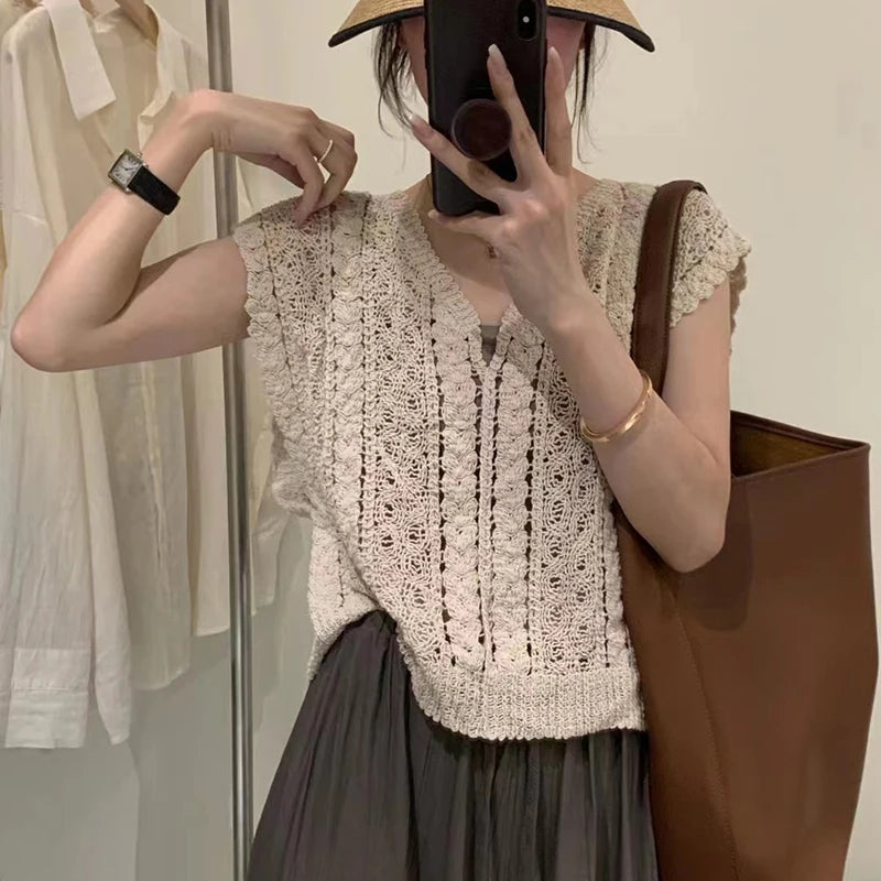 Summer Crochet Top Women Sheer Openwork V-neck Sleeveless Knit Tank Blouse Beach Boho Vacation Outfit