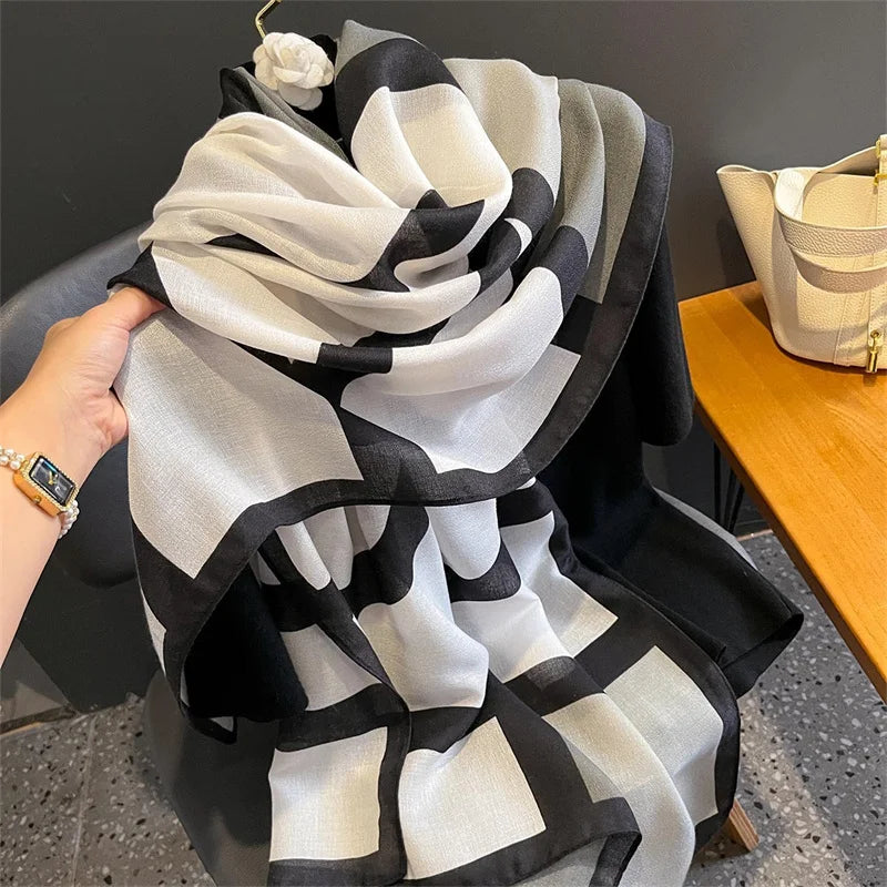New Spring Women Cotton Scarf Beach Hijab Shawls and Wraps 2024 Luxury Brand Flower Female Foulard Echarpe Designer Bandana