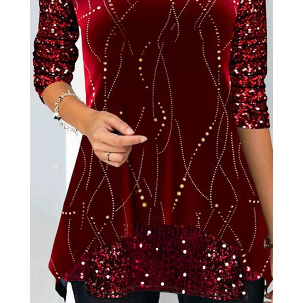 Christmas Fashion Glitter Print Contrast Sequins O Neck Design Long Sleeve Blouse Spring Femme Casual Shirts Office for Women