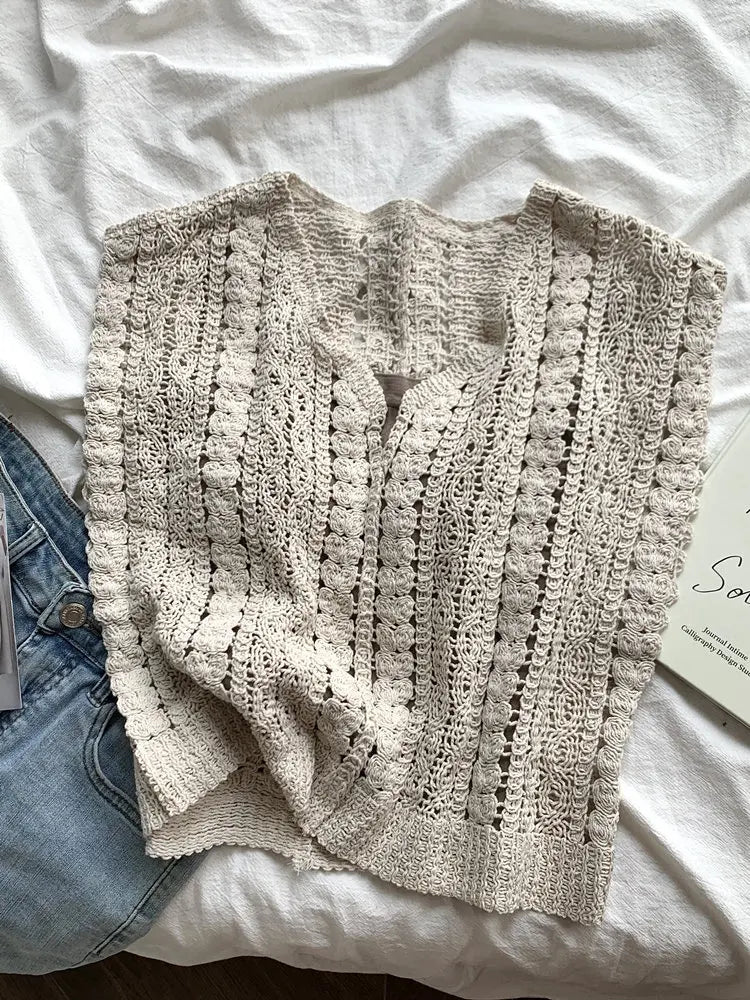 Summer Crochet Top Women Sheer Openwork V-neck Sleeveless Knit Tank Blouse Beach Boho Vacation Outfit