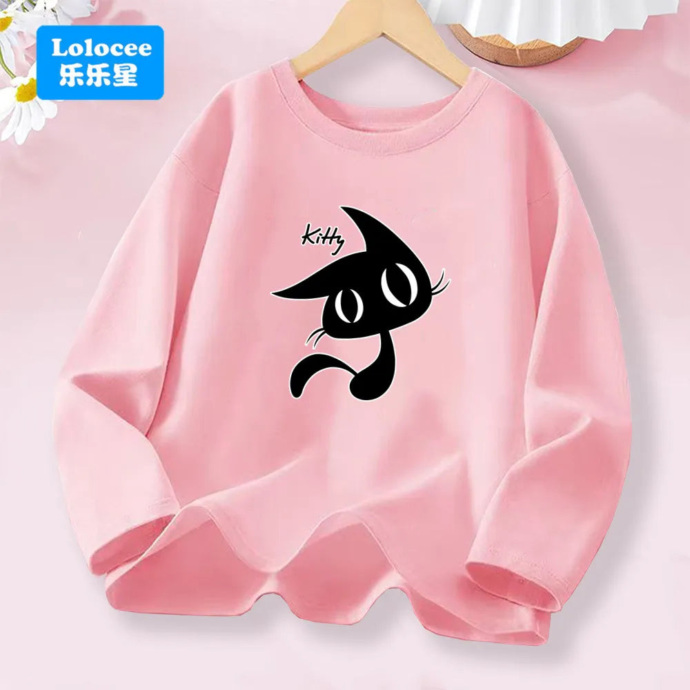 Kawaii Black Kitty Graphic T-shirt for Girls Spring Autumn Long Sleeve Cotton Tops Children Fashion Daily Wear