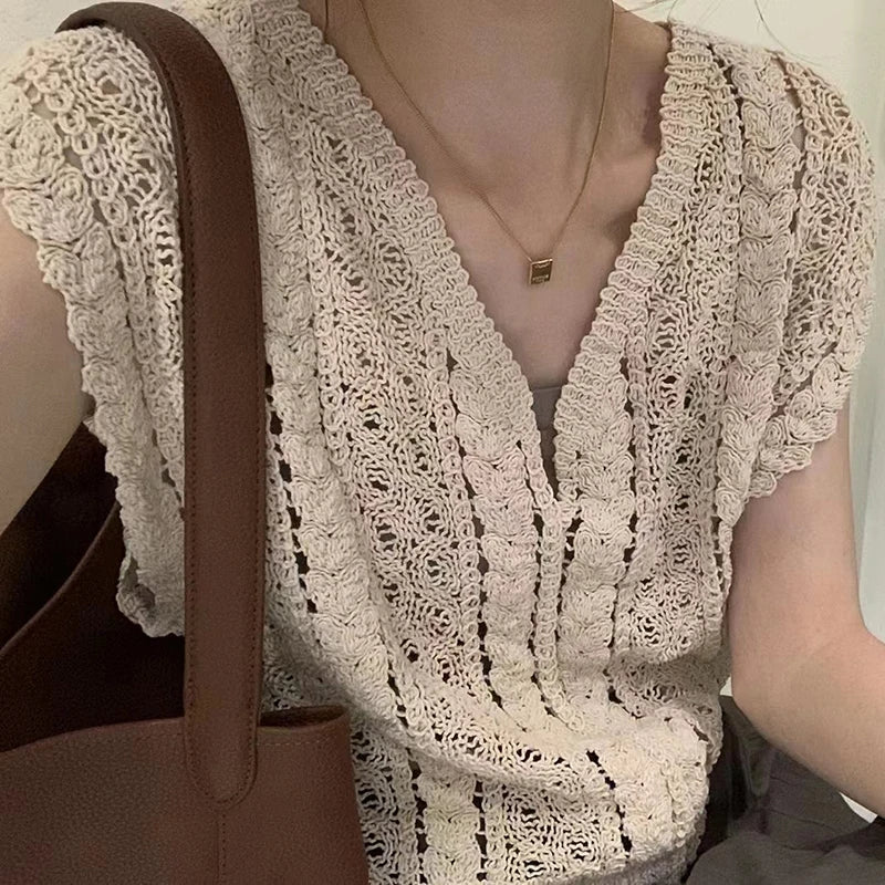 Summer Crochet Top Women Sheer Openwork V-neck Sleeveless Knit Tank Blouse Beach Boho Vacation Outfit